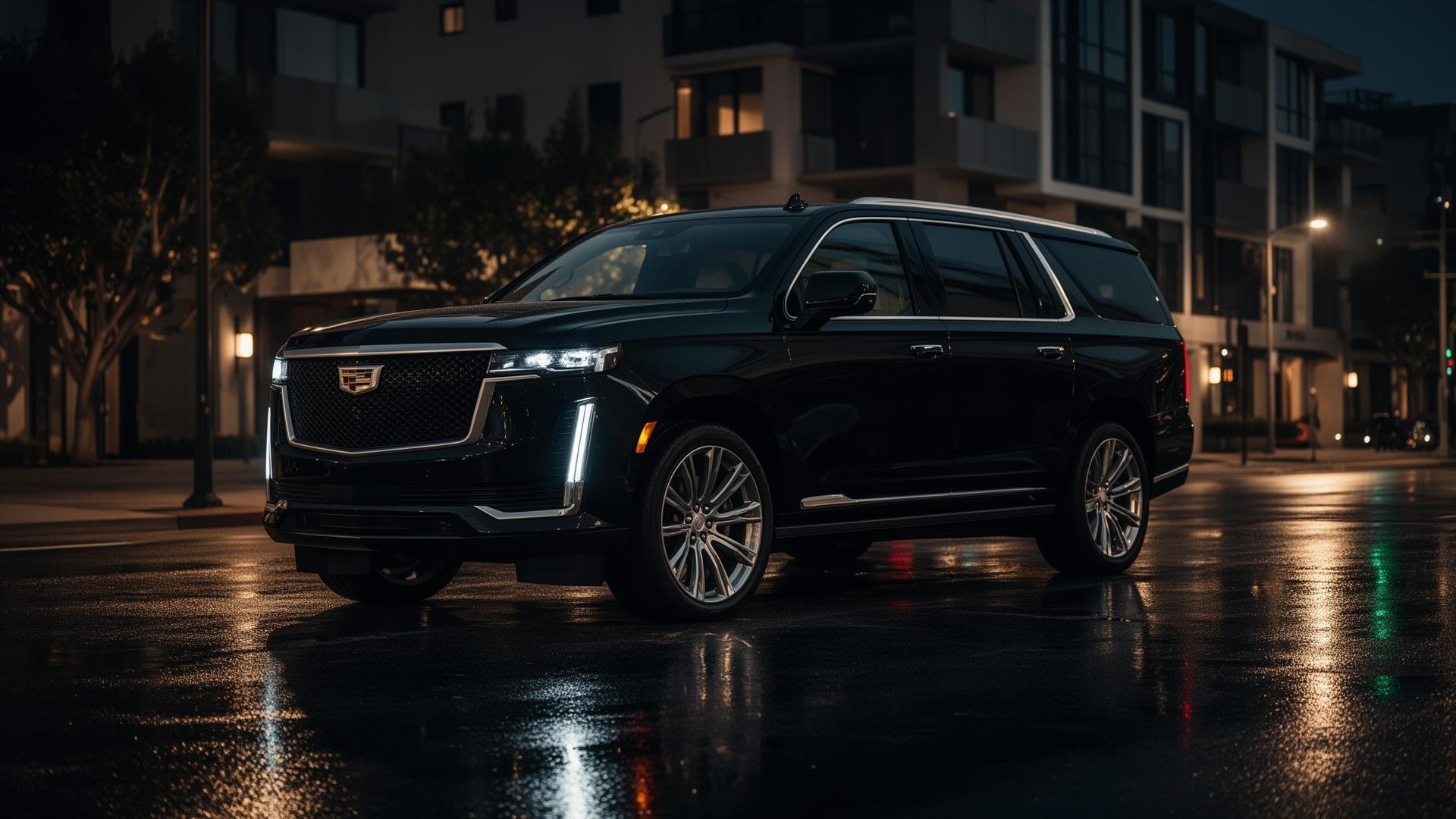 Black 2026 Cadillac Escalade Luxury parked on a wet Oakland street at night